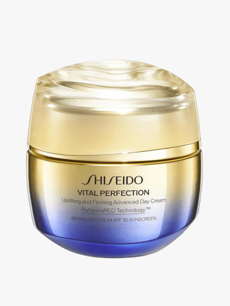 Shiseido Vital Perfection Uplifting and Firming Advanced Day Cream SPF 30 in branded tub component on a light gray background