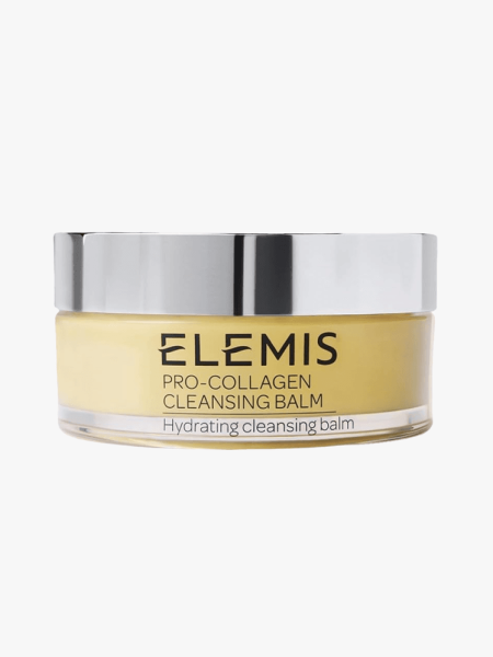 Elemis Pro-Collagen Cleansing Balm in branded tub component on a light gray background
